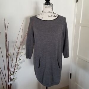 Halogen Grey Long Sweater With Faux Leather Trim